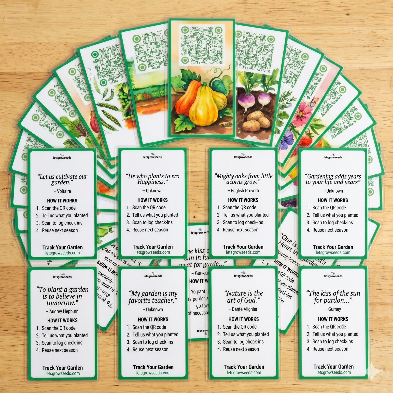 A large collection of LetsGrowSeeds label card designs and quote backs.