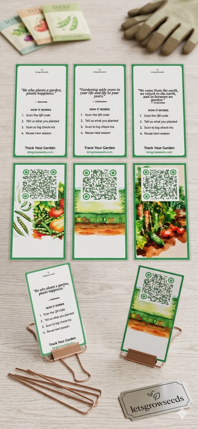 LetsGrowSeeds label cards displayed with garden tools and metal stands.