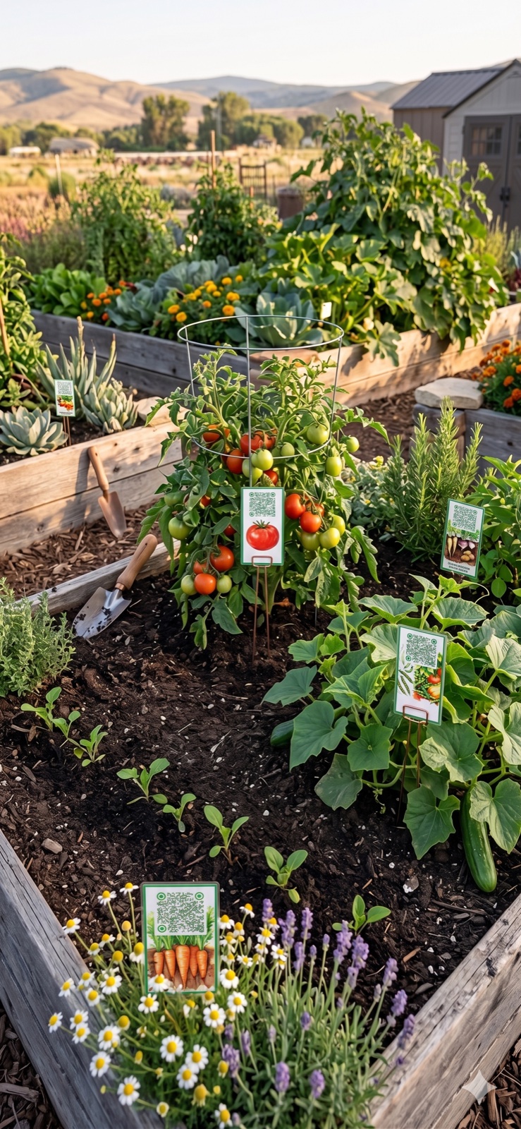 LetsGrowSeeds garden labels placed in a raised garden bed.